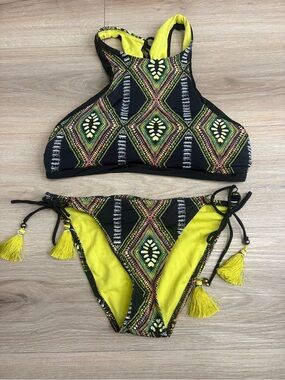 Black & Neon Yellow Geometric Tassel Bikini Set